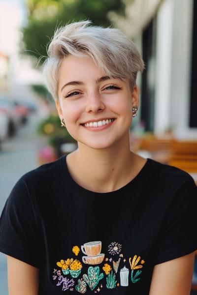 A person with a silver-blonde undercut pixie hairstyle is smiling outdoors while wearing a black T-shirt with a colourful print.