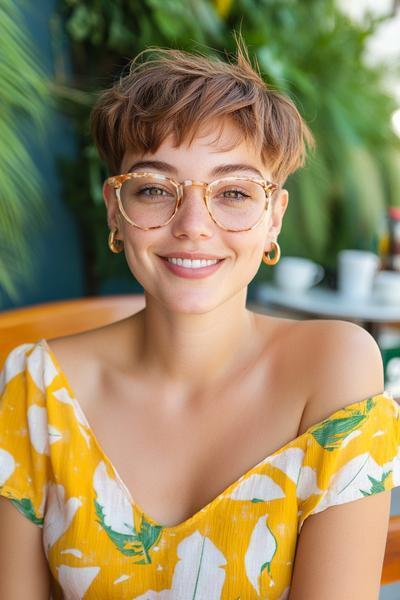 A young woman with an undercut pixie haircut, wearing glasses and a colourful floral top, smiles in a brightly lit, leafy setting.