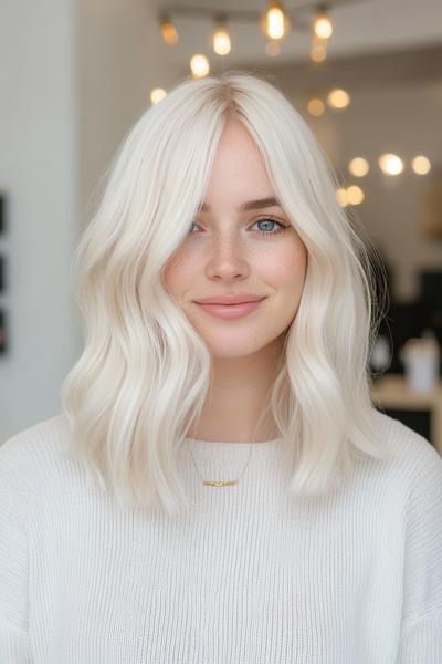 A woman with light ash blonde, wavy shoulder-length hair is smiling, standing against a softly lit indoor background.