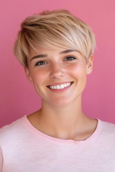 A woman with a blonde undercut pixie hairstyle smiles against a pink background.