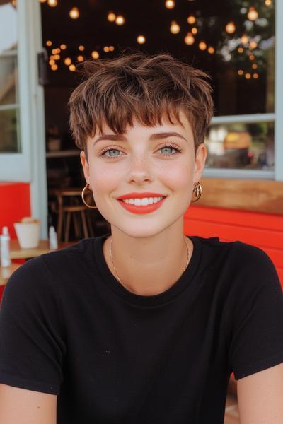 A woman with an undercut pixie haircut, featuring short sides and longer, textured hair on top, smiles while wearing a black top and hoop earrings.