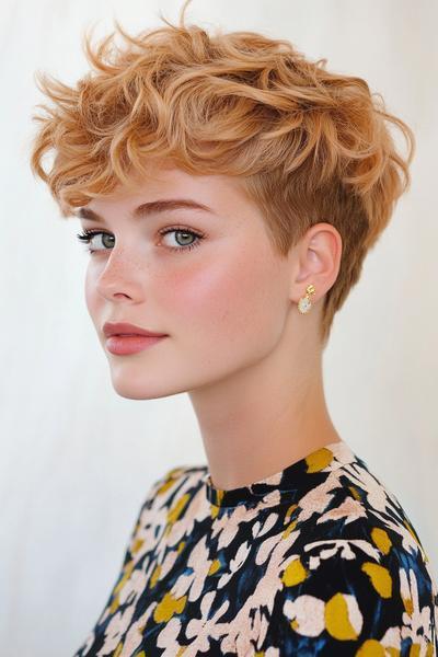 A woman with a stylish undercut pixie haircut, featuring short, shaved sides and voluminous, wavy hair on top.