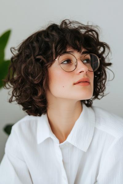 A woman with shoulder-length, curly hair and a fringe, styled in a youthful and natural manner, wearing glasses and a white shirt.