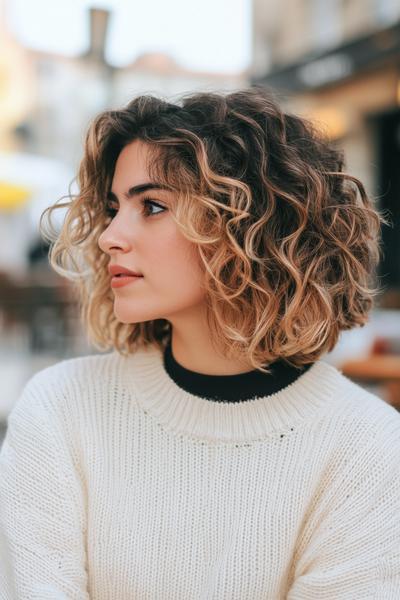 A woman with curly black hair featuring blonde highlights, styled in a shoulder-length bob, looks to the side while wearing a cream-coloured sweater.