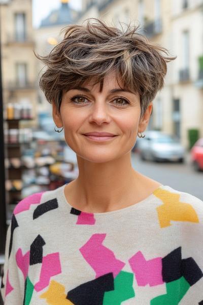 A woman with a short, choppy hairstyle and subtle layers, adding volume and texture, is smiling in an outdoor urban setting.