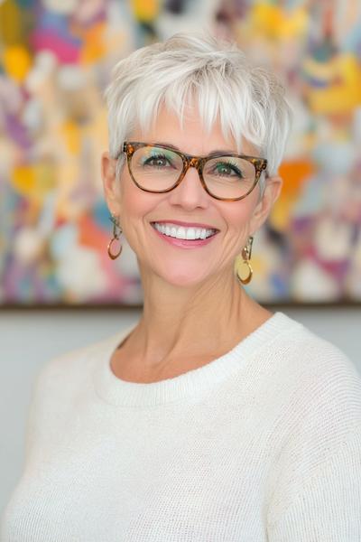 A smiling elderly woman with short, layered, white hair and fringe, accessorised with glasses and earrings suitable for an older woman seeking a chic and modern look.