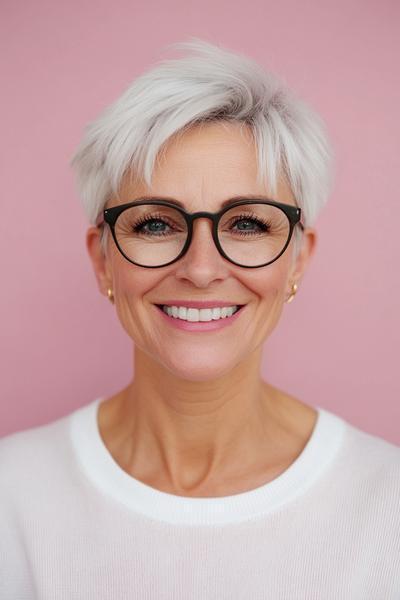 A woman with short, stylishly layered white hair and glasses smiles against a pink background.