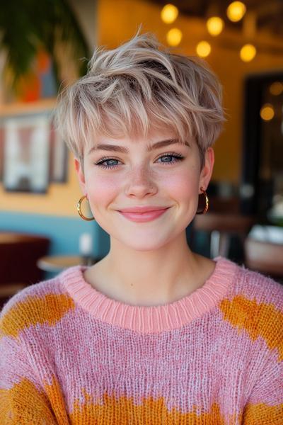 A stylish undercut pixie hairstyle featuring short, layered hair with a textured fringe and shaved sides, complemented by blonde highlights.