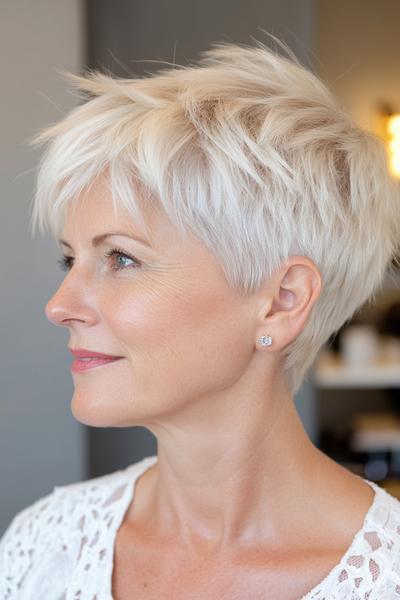 An elderly woman with short, choppy platinum blonde hair, styled in a layered pixie cut.