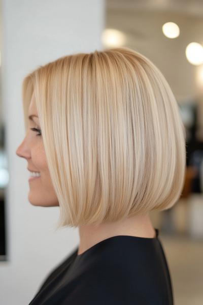 A side view of a woman with a sleek, blonde bob haircut, styled with a smooth finish.