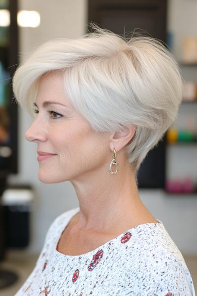 A woman with a sleek, short choppy hairstyle featuring layers and a side sweep, ideal for those over 70.