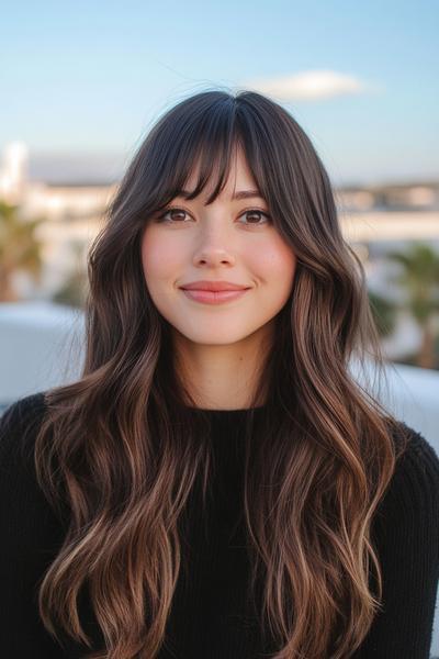 A woman with long, wavy hair styled in curtain bangs smiles against an outdoor backdrop.