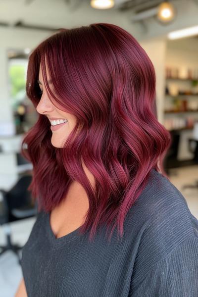 A woman with shoulder-length, wavy, dark burgundy red hair, styled in loose waves, is shown from a side angle in a modern salon.