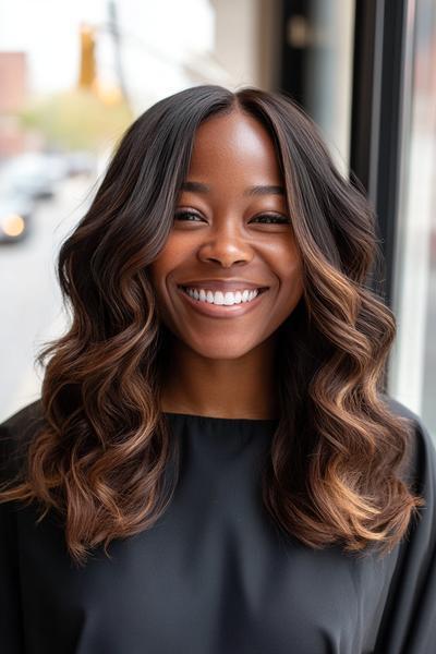 Woman with wavy, dark chocolate brown hair styled in loose curls, wearing a black top and smiling.