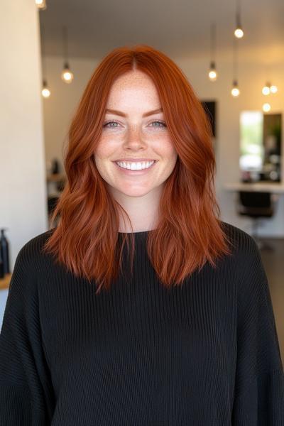 A woman with shoulder-length, wavy dark auburn hair styled with a centre parting, smiling in a brightly lit room.