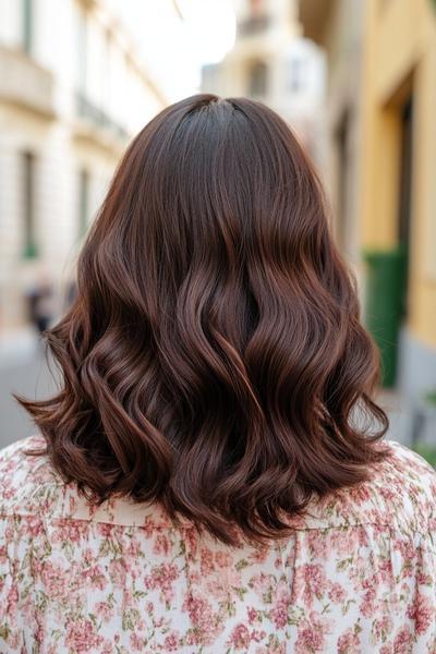 A woman with dark chocolate brown hair styled in loose, flowing waves, seen from the back.