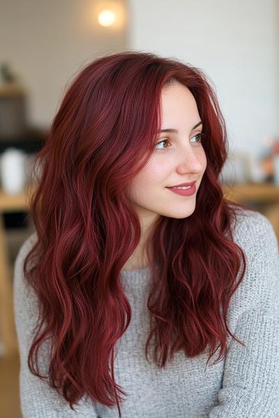 A woman with long, wavy, burgundy dark red hair styled in loose waves, wearing a grey sweater, smiles softly while looking to the side.