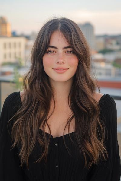 A woman with long, wavy brown hair and curtain bangs stands outdoors, wearing a black top, with an urban backdrop behind her.