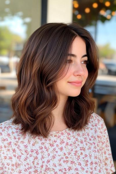 A woman with shoulder-length, wavy dark chocolate brown hair, parted in the middle, wearing a white floral top.