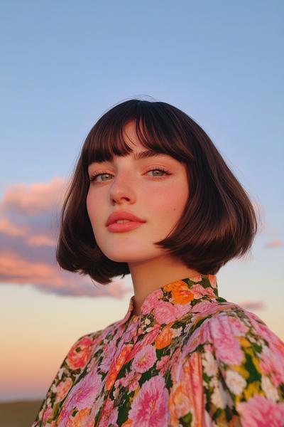 A woman with a classic bob hairstyle and fringe, wearing a floral-patterned top, poses against a backdrop of a pastel-coloured sky at sunset.