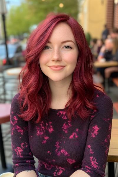 A young woman with wavy, shoulder-length burgundy dark red hair is smiling while seated outside at a café.