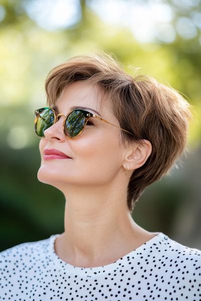 A woman with short, layered hair styled in a youthful pixie cut, complemented by sunglasses and a polka dot top.