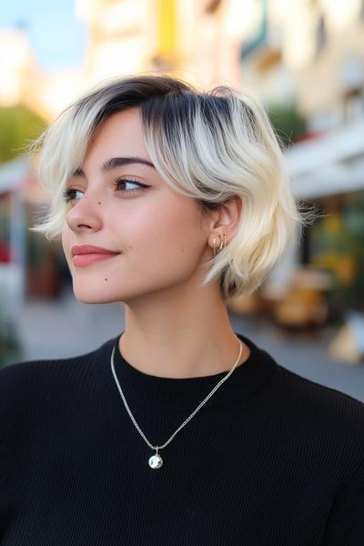 A woman with a chic, short, wavy hairstyle featuring black roots and striking blonde highlights.