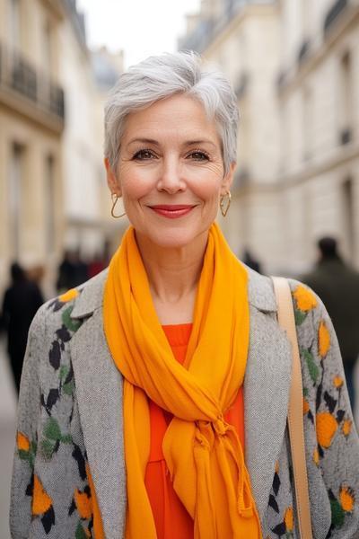 An elderly woman with short, neatly styled grey hair, complemented by a bright orange scarf and a patterned coat, smiles warmly.