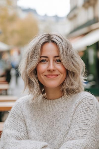 A woman with shoulder-length, wavy grey hair styled in loose, voluminous waves, wearing a cosy beige sweater and smiling outdoors.