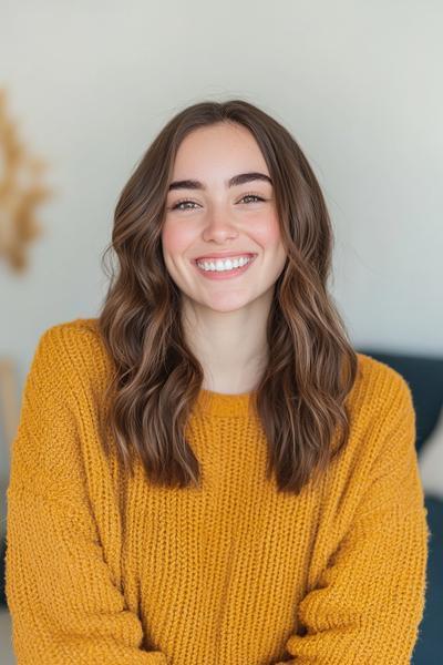 A woman with dark brown, wavy shoulder-length hair smiles while wearing a mustard yellow jumper.