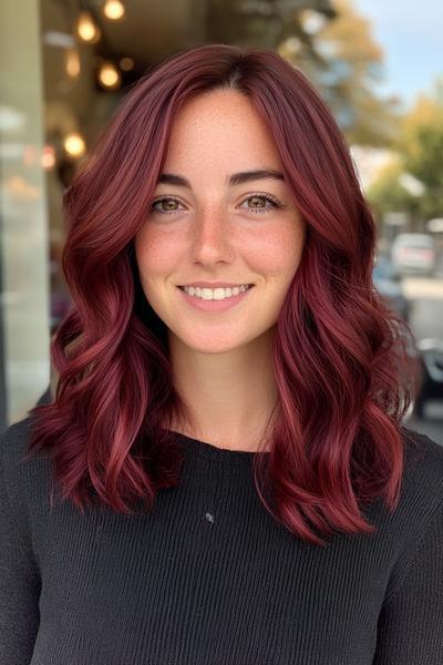 A woman with shoulder-length, wavy burgundy dark red hair is smiling in an outdoor setting.