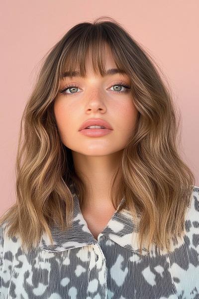 A woman with long, wavy hair and curtain bangs, posing against a pink background.