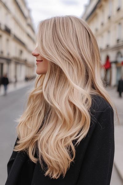 Blonde hair with dark brown streaks styled in loose, flowing waves.