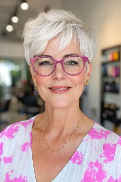 An older woman with white hair in a stylish, textured pixie cut, wearing bold pink glasses and a white and pink patterned blouse.