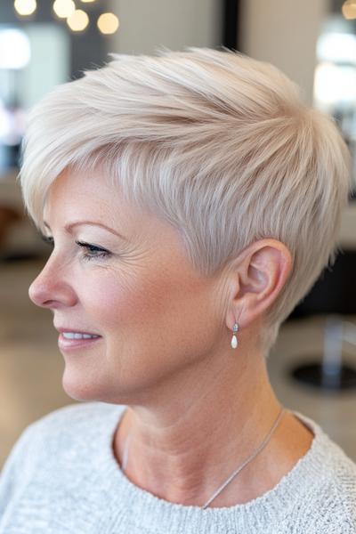 A woman with a short, layered, platinum blonde haircut styled in a textured pixie cut.