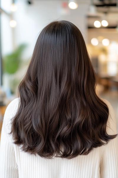 A back view of long, wavy dark brown hair, styled with soft, loose curls.