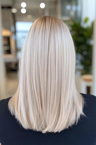 A shoulder-length, straight hairstyle featuring a light ash blonde hair colour, photographed from the back in a well-lit interior.