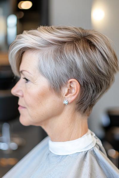 A woman with a short, layered pixie cut featuring side-swept bangs and silver-grey hair.