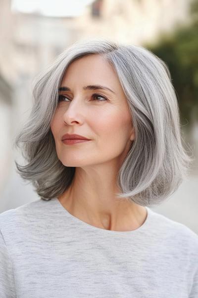 A woman with a sophisticated, shoulder-length silver bob hairstyle with subtle layers and a side parting.