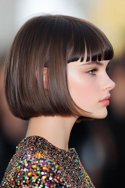 A person is showcasing a sleek and shiny brown bob hairstyle with a straight, blunt fringe.