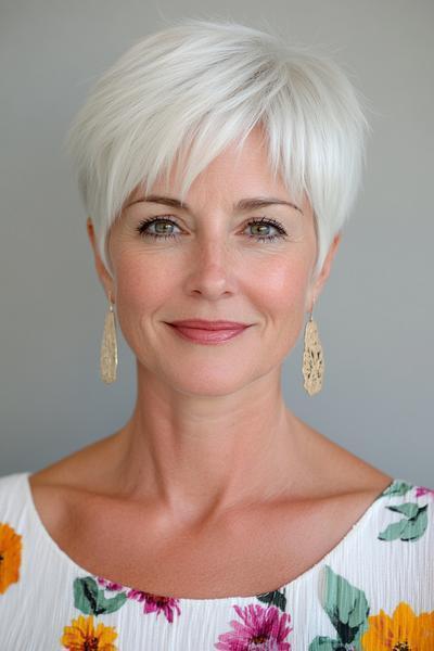 A woman with a short, white, layered pixie cut that frames her face elegantly.