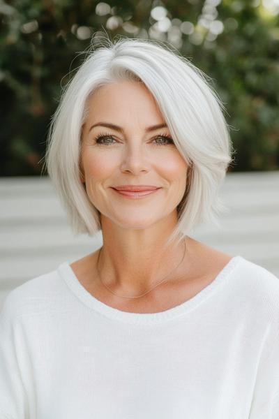 A woman with light grey, short bob hairstyle and side-swept fringe, enhancing a youthful and elegant look.