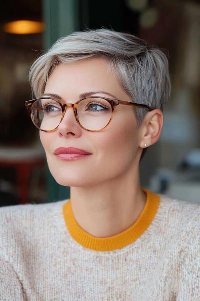 An older woman with glasses is seen sporting a short, stylish pixie cut with grey hair, exuding elegance and confidence.