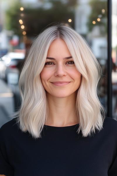 A woman with a light ash blonde hair colour styled in soft, loose waves with a centre parting, wearing a black top and smiling.