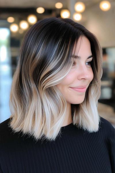 A woman with shoulder-length black hair styled with blonde highlights, featuring a smooth, straight finish.