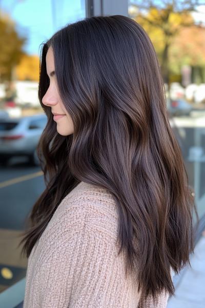 A woman with long, wavy, dark brown hair in a loose, natural style.