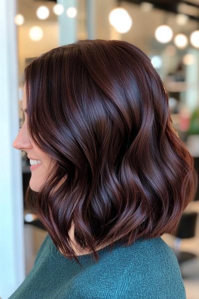 A woman with dark chocolate brown, shoulder-length hair styled in soft, loose waves.