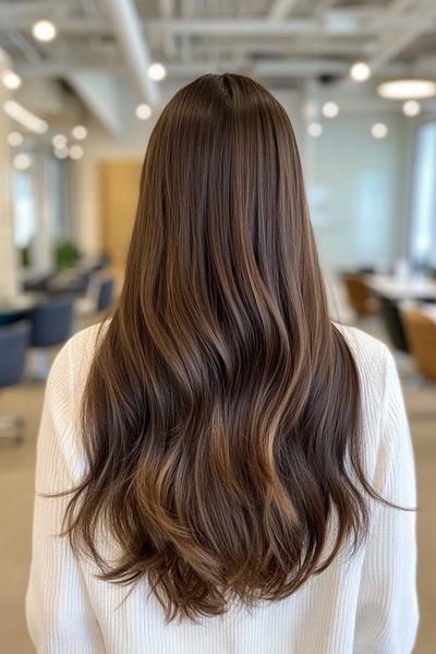 A rear view of long, dark brown hair styled in loose, flowing waves.