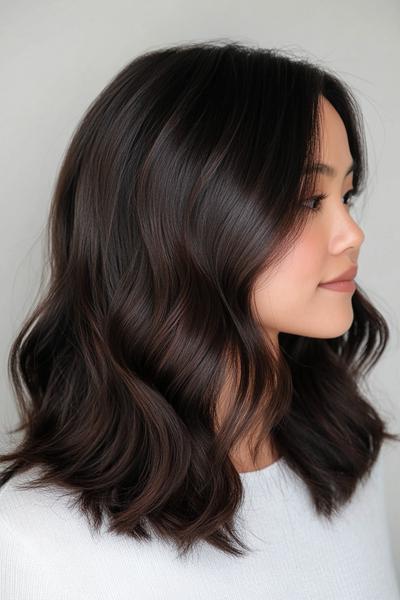 A woman with dark chocolate brown, shoulder-length, wavy hair styled in a soft and natural look.