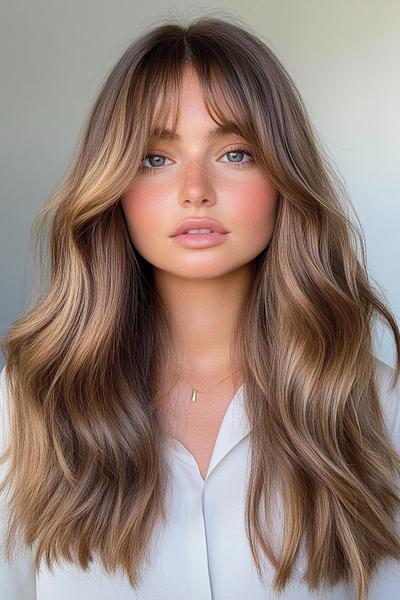 A young woman with long, wavy hair styled in warm brown tones, featuring curtain bangs that frame her face, dressed in a white blouse.